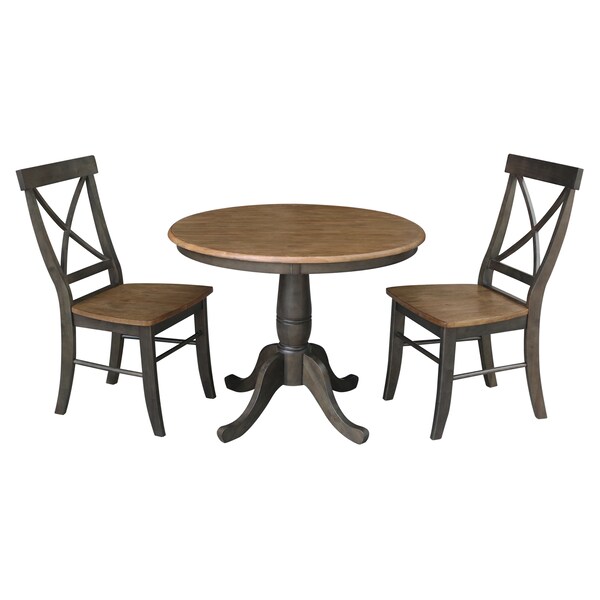 International Concepts Round 36 in Rd Top Pedestal Table, 2 X-Back Chairs, Hickory/Washed Coal, 36 in W, 36 in L, 29.1 in H K45-36RT-C613-2 - main